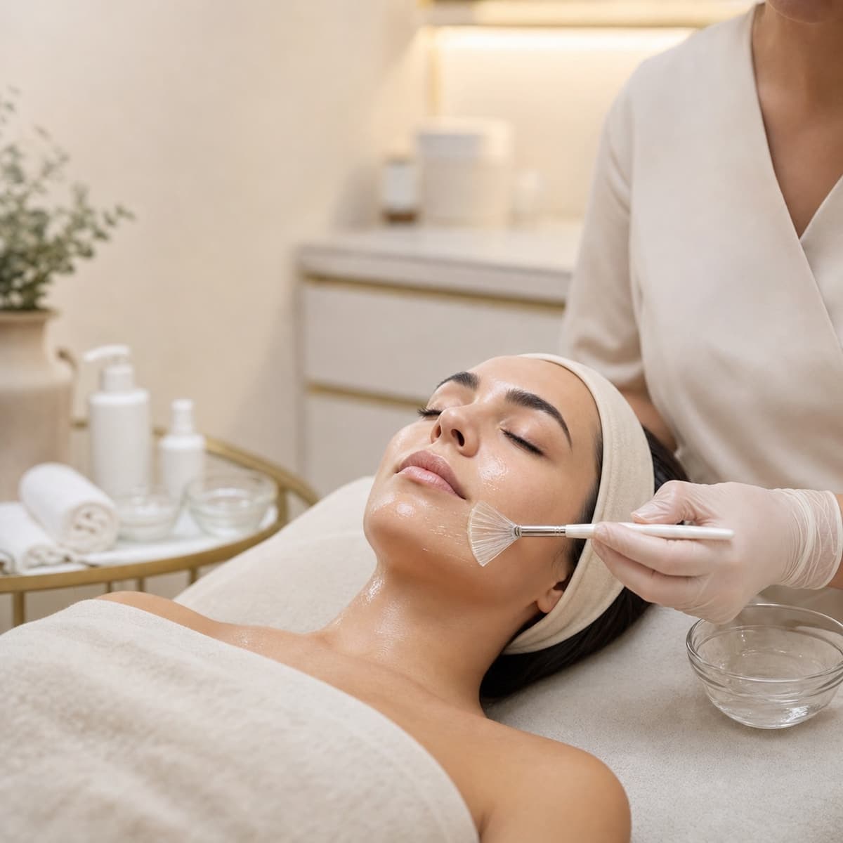 A therapist applies a brightening peel with a brush in a warm clinical treatment room.
