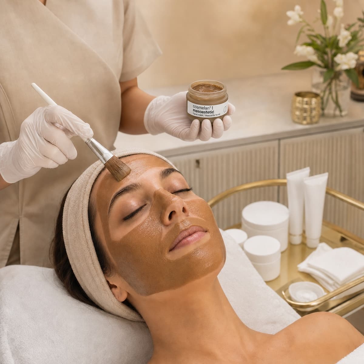 A therapist applies a Cosmelan mask while holding an open Cosmelan product jar.