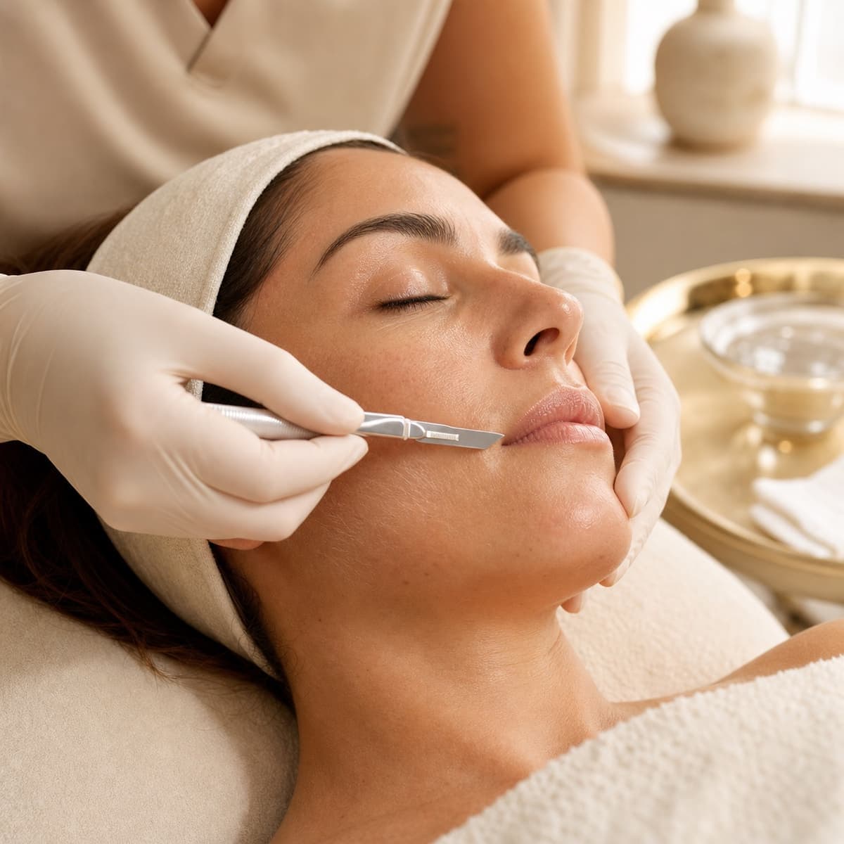 A therapist performs dermaplaning on a client's cheek with a sterile blade.