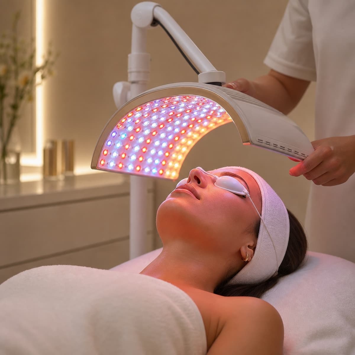 A client relaxes beneath a curved LED therapy panel with protective eye covers.
