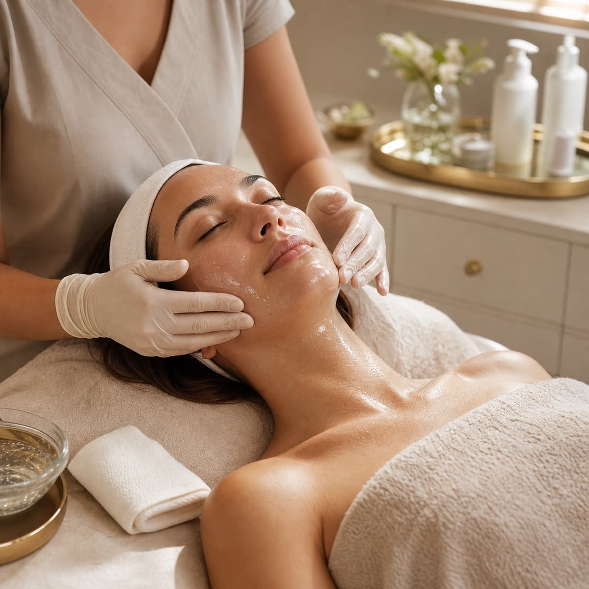 A therapist applies a hydrating glow facial treatment in a warm aesthetics room.