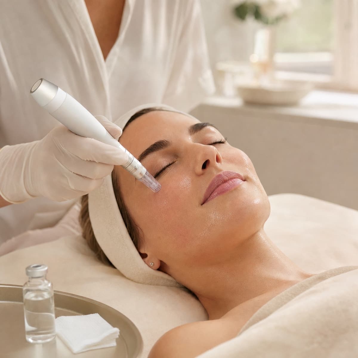 A therapist performs medical skin needling with a dermapen on a client's cheek.