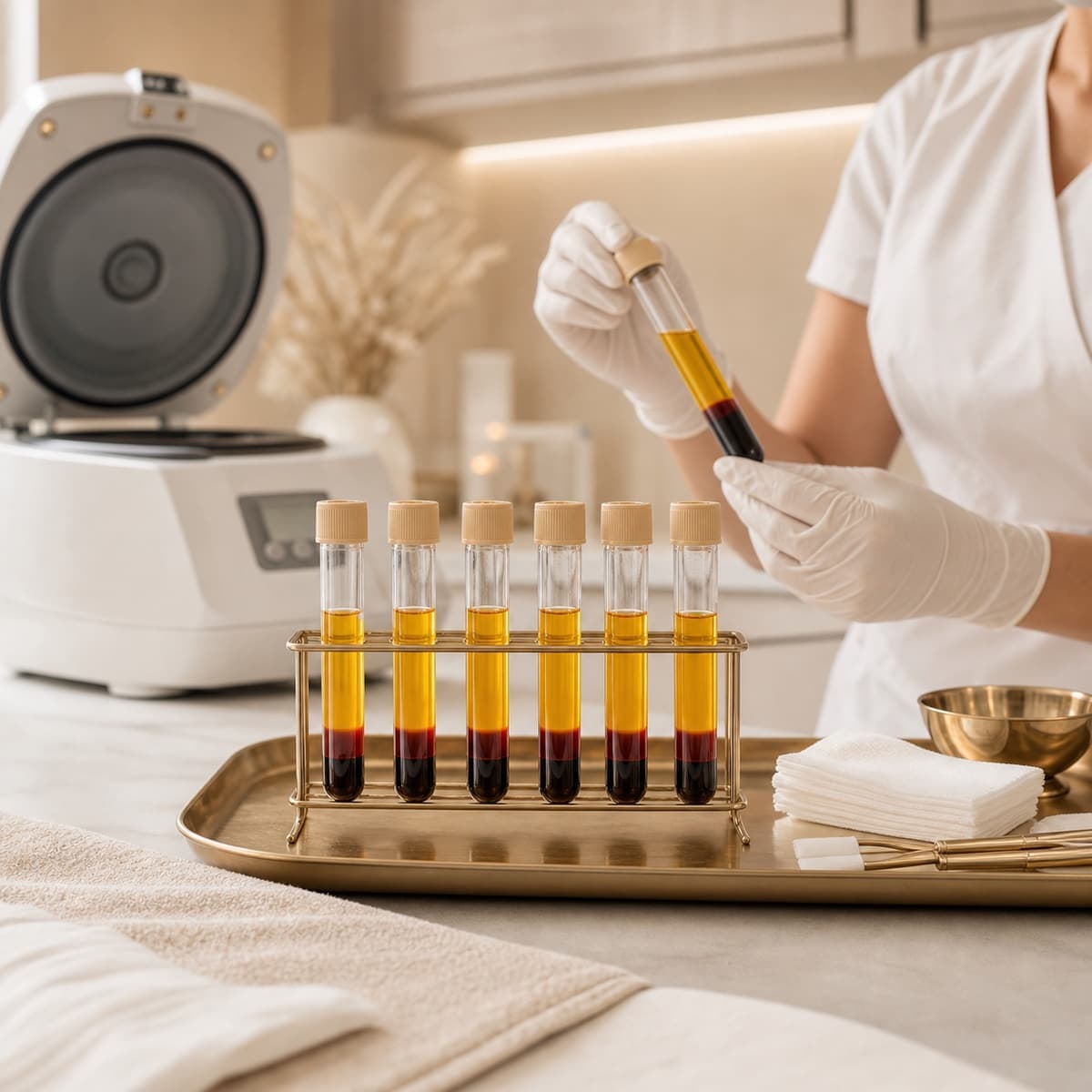 Platelet-rich plasma tubes are prepared beside a centrifuge in a clinical treatment room.