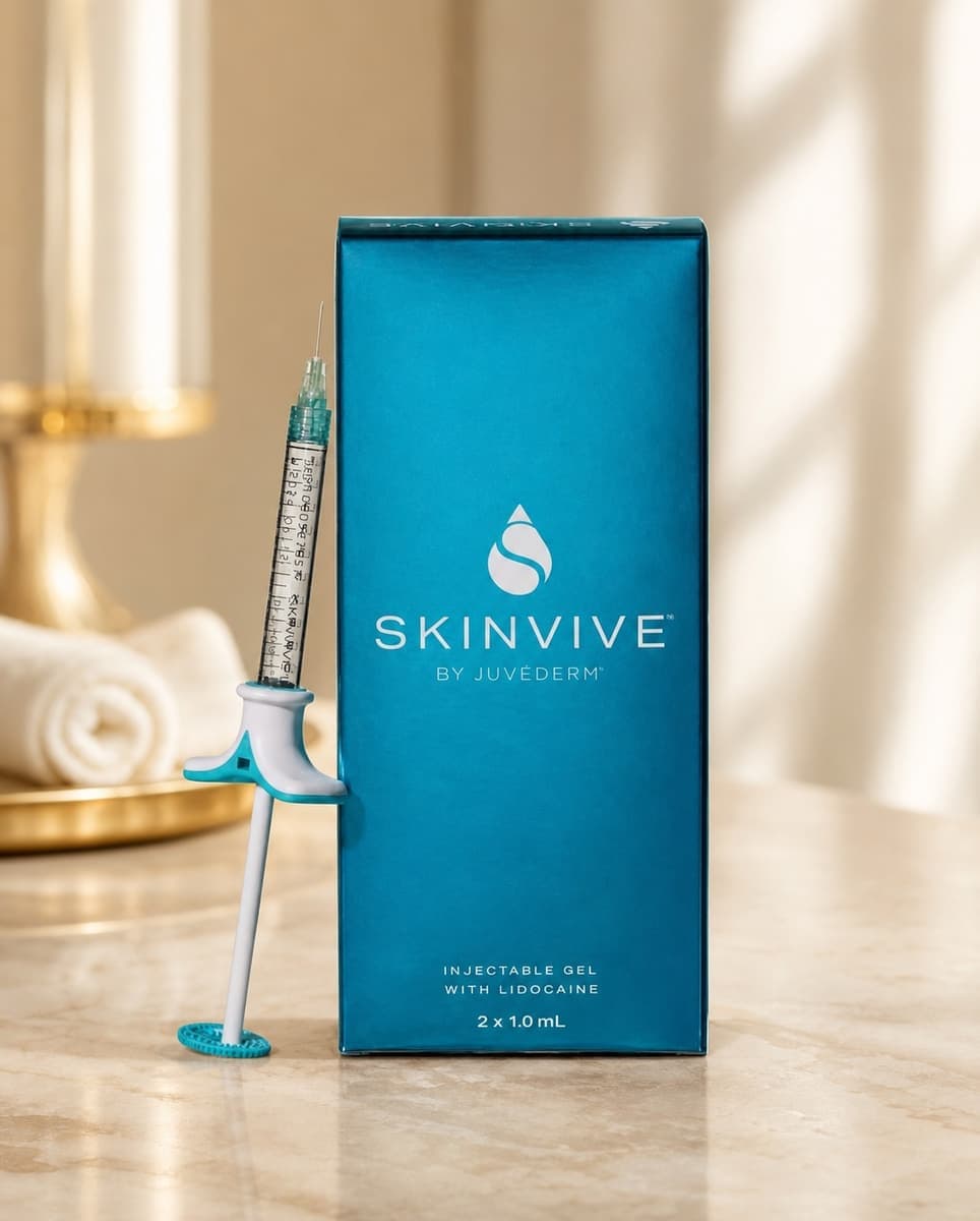 A SkinVive by Juvederm product box and syringe on a warm clinical treatment counter.