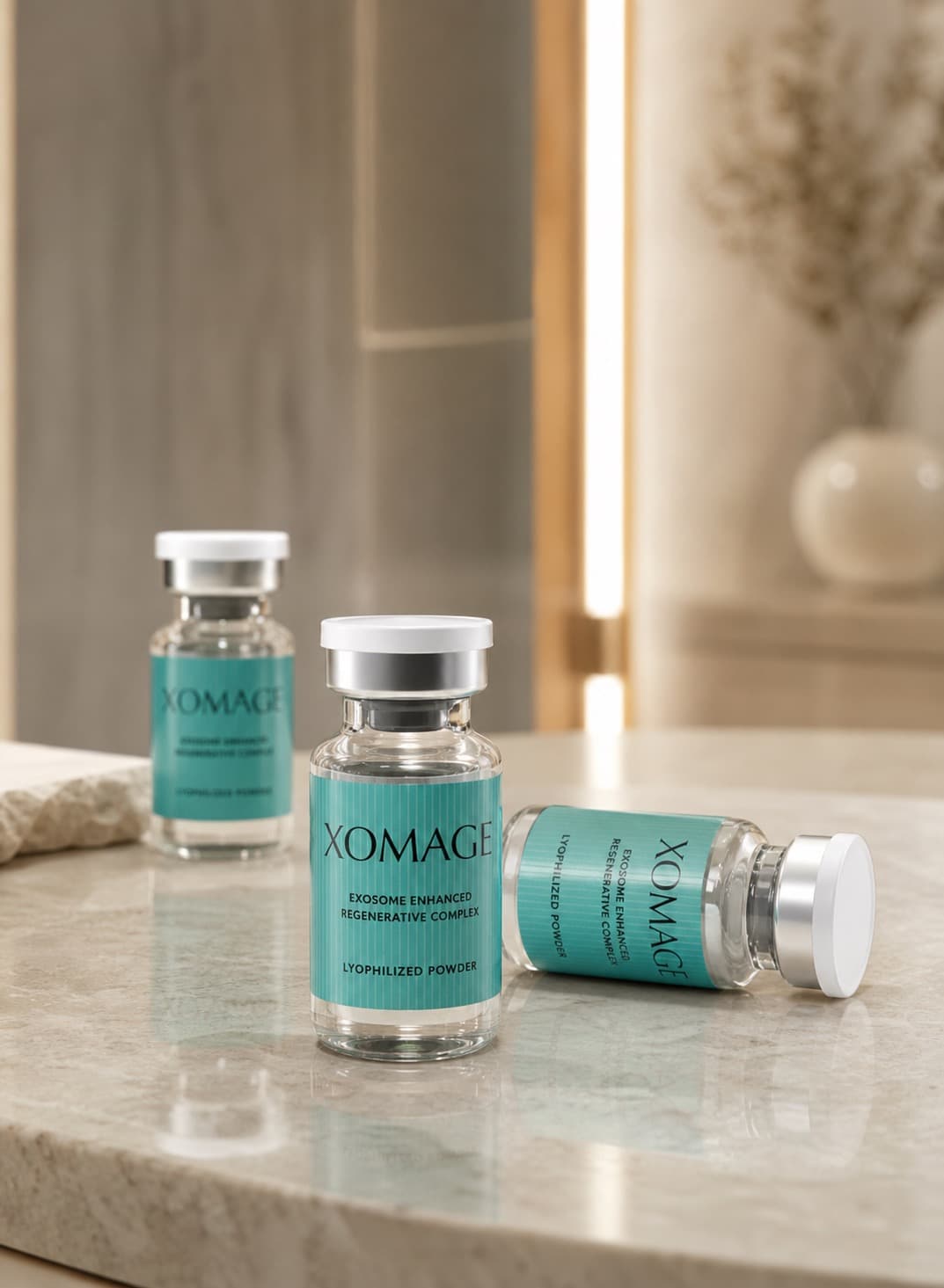 Xomage exosome vials arranged on a warm clinical treatment counter.