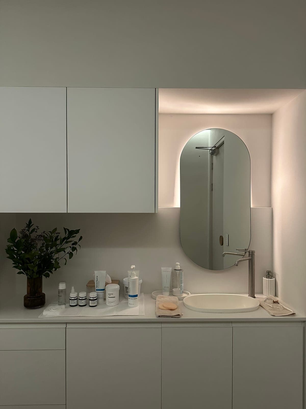 Treatment room vanity with medical-grade skincare at Skin & Hair Bar.